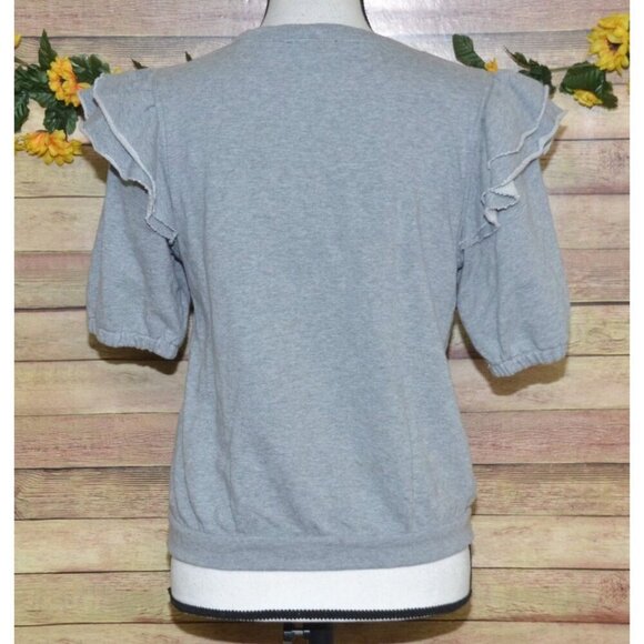 1 State Ladies S Gray Cropped Short Sleeve Ruffle Pullover Sweatshirt Cotton - Picture 5 of 8